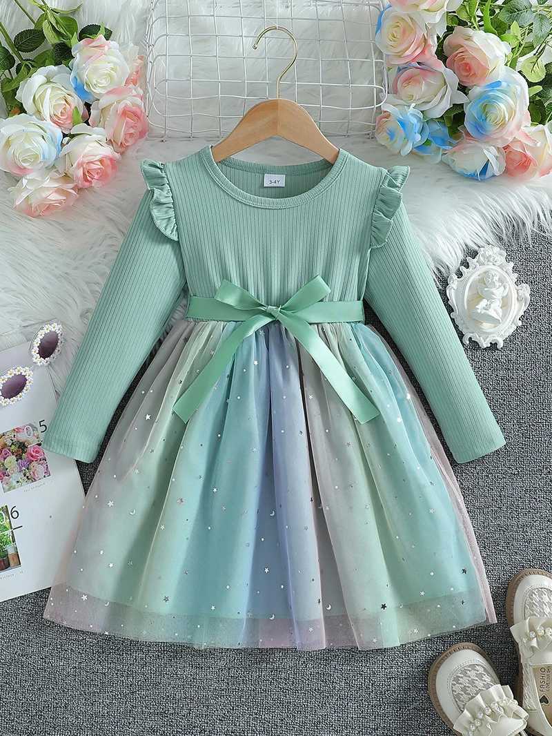 Girls Long Sleeved Bow Dress 2-6Y Fashion Thin Childrens Starry Sky Sequin Mesh Dress Spring Autumn Kids Clothing Z250214