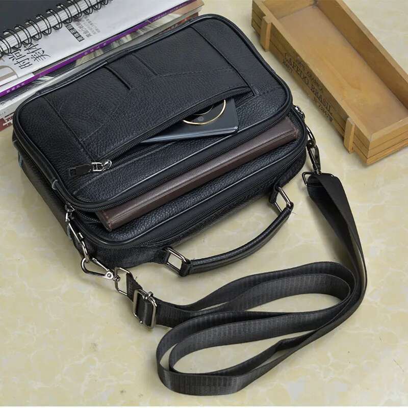 Genuine Leather Shoulder for Men Cowhide Handbag Male Black Horizontal Messenger Bag Men's Ipad Business Briefcase Tote