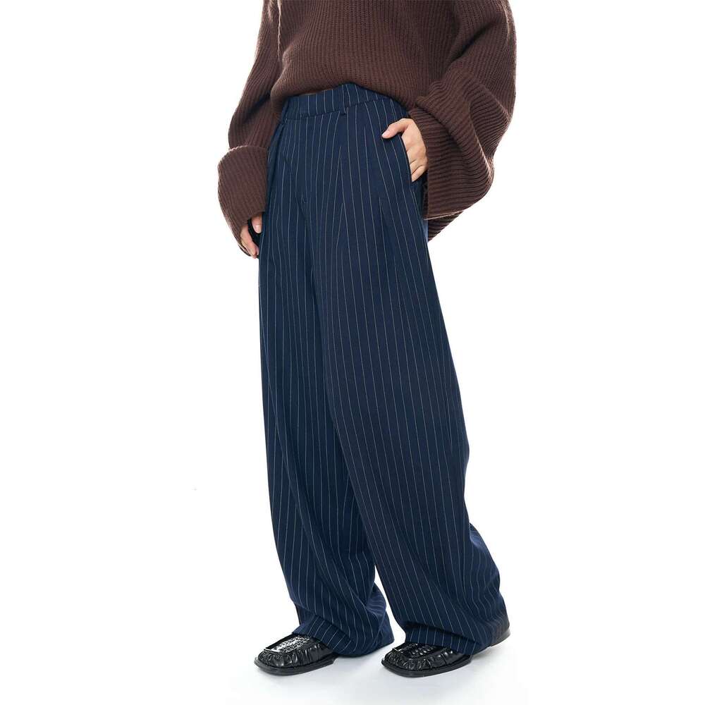 Women's Striped Wide Leg Suit Fall Double Pleated Trousers Smooth Drape Loose Pant