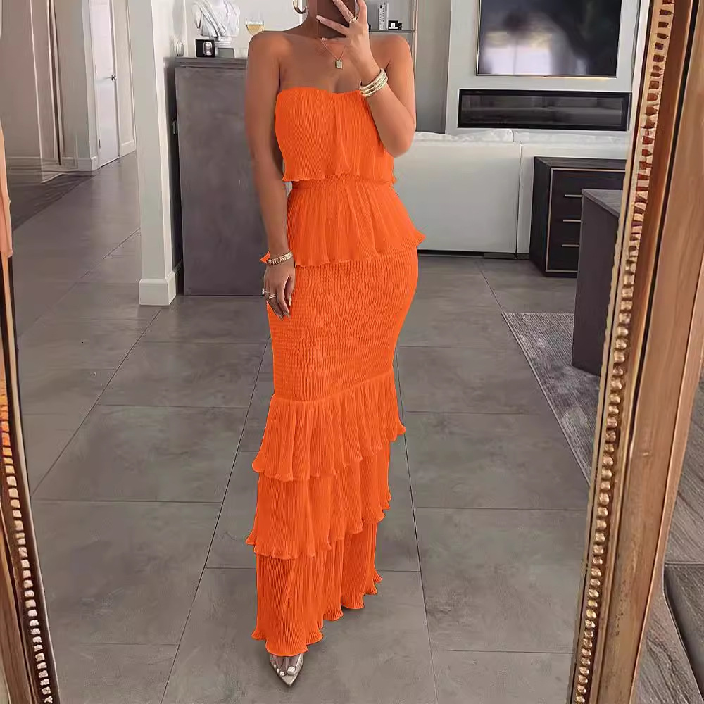 2024 Fashionable and Sexy Womens Solid Color Sleeveless Skirt with Straightening Embracing and Folded Ruffle Edge Long Dress for Women