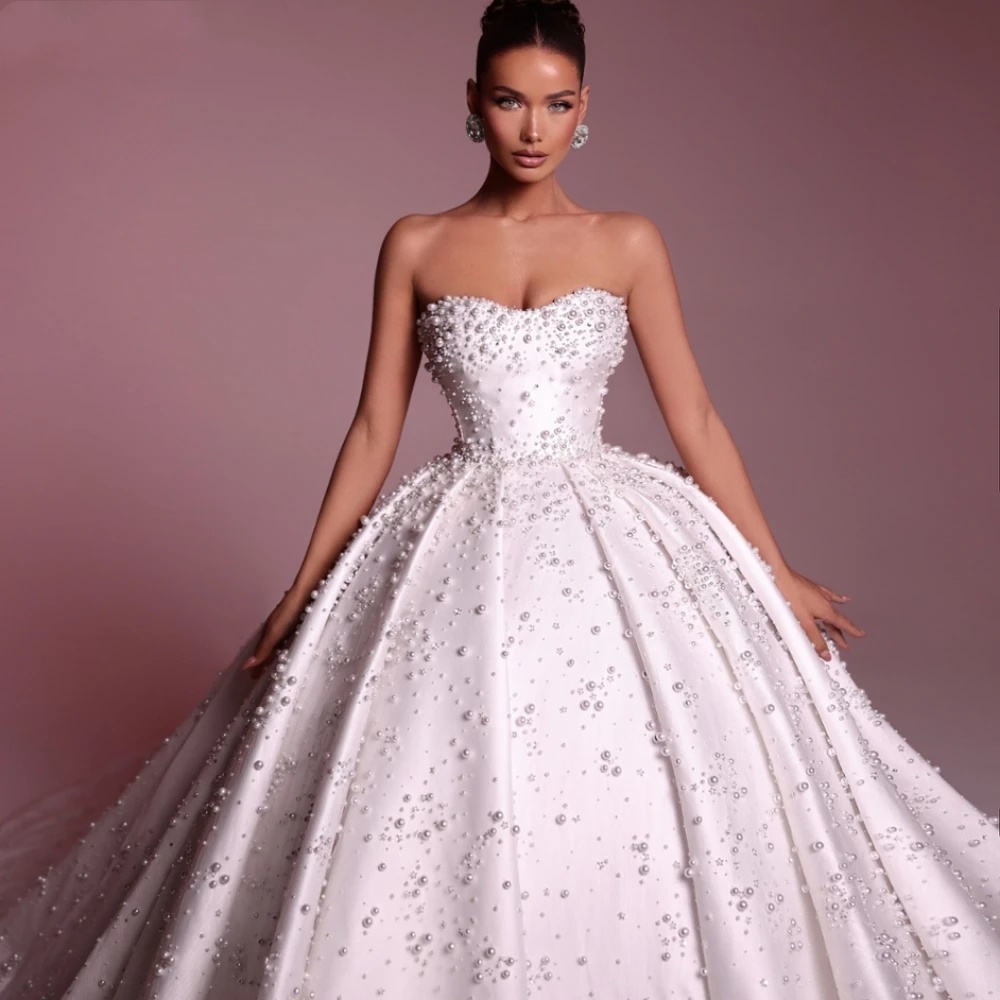 Gorgeous Ball Gown Wedding Dress For Women Sweetheart Neck Sleeveless Bridal Gowns Pearls Beaded Sweep Train Dresses Custom Made vestidos de novia