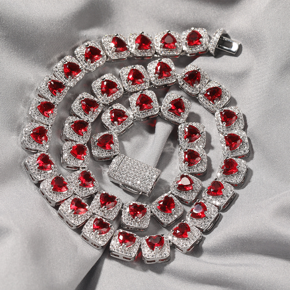 Hip Hop High Quality Love Heart Zircon Tennis Chain Necklace Clavicle Chain Jewelry Set For Men