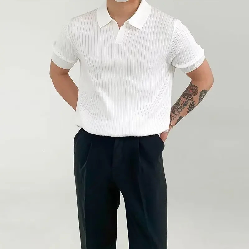 Fashion Knit Solid Color Mens Polo Shirt Slim Short Sleeve Turn-down Collar Ribbed Polo Tee Summer Men Clothes Casual Tops 250208