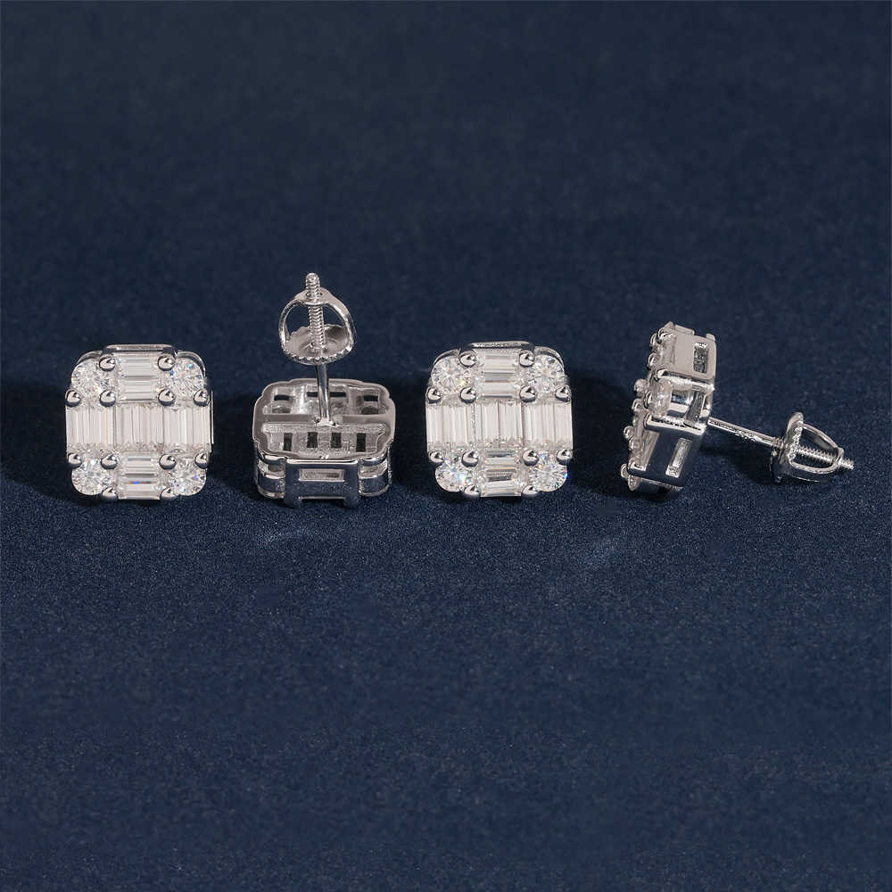 Diamond hair hip-hop light luxury S925 silver moissanite square male and female couple earrings can be tested with diamond pen