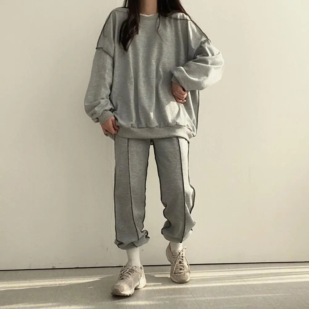 Jogging Pants Outfit Womens Round Neck Sweatshirt Loose Trousers Set Solid Color Sport Outfit with Elastic Waist Long for Fall 250210