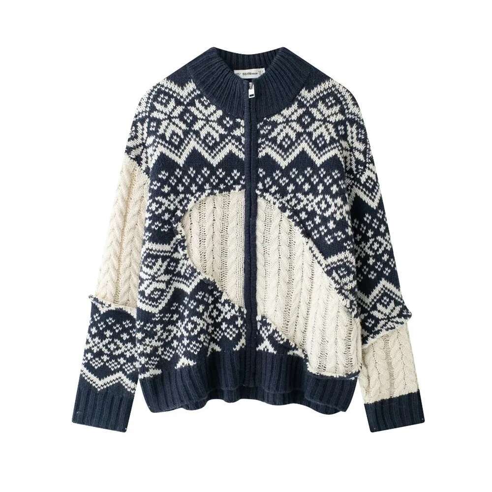 2025 Autumn New Women's Fashion Loose Collar Long Sleeve Zipper Eight Strand Jacquard Knitted Coat