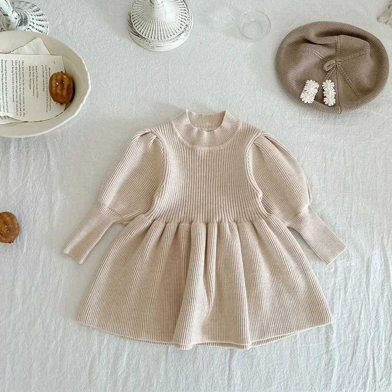 Autumn Kids Baby Puff Sleeve Knit Girls Fashion Sweater Dress Princess Sle Toddler Clothing Dress Z250214