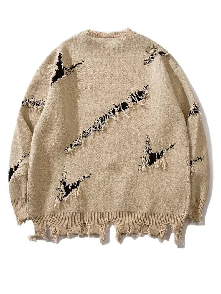 Y2K Style Mens Sweaters Spring Trendy Letter Jacquard Ripped Knit Sweater For Men Streetwear Fashion Crew Neck Knit Jumper Tops 250211