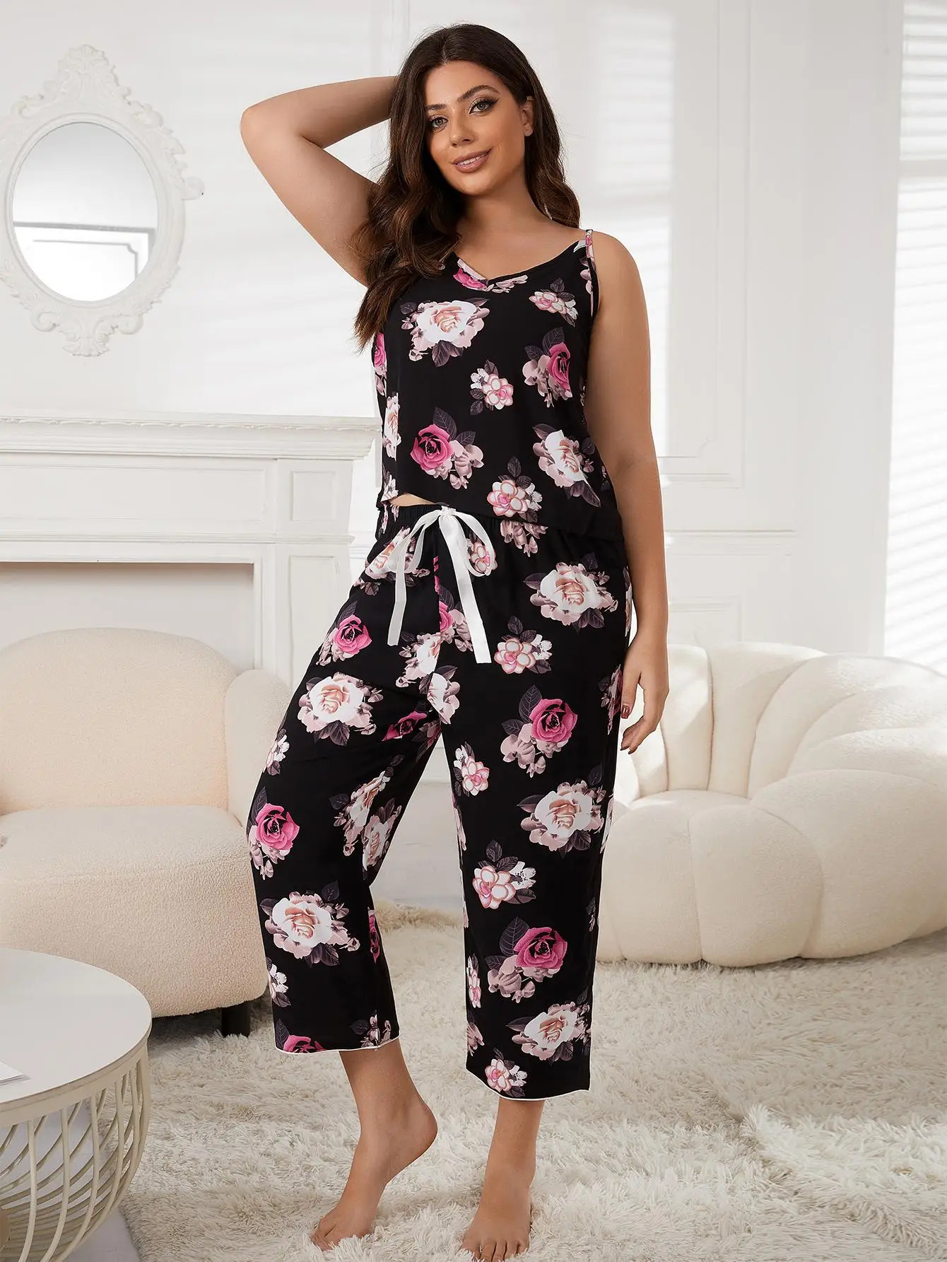 Plus Size V Neck Women Pajama Set Sleeveless Floral Top Elastic Waist Drawstring Pants Female 2 Piece Sleepwear Nightwear 250110