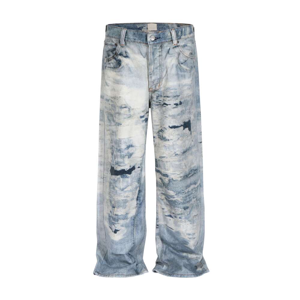 High Street Tie Dye 3D Print Frayed Baggy Blue Jeans For Men And Women Wide Leg Casual Loose Denim Trousers Oversized