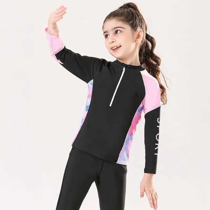 Children Girls Printed Swimsuits Kid Swimwear Long Sleeve Sun Protection Long Sleeve Tops and Pant Beachwear 5-16 Years Z250214