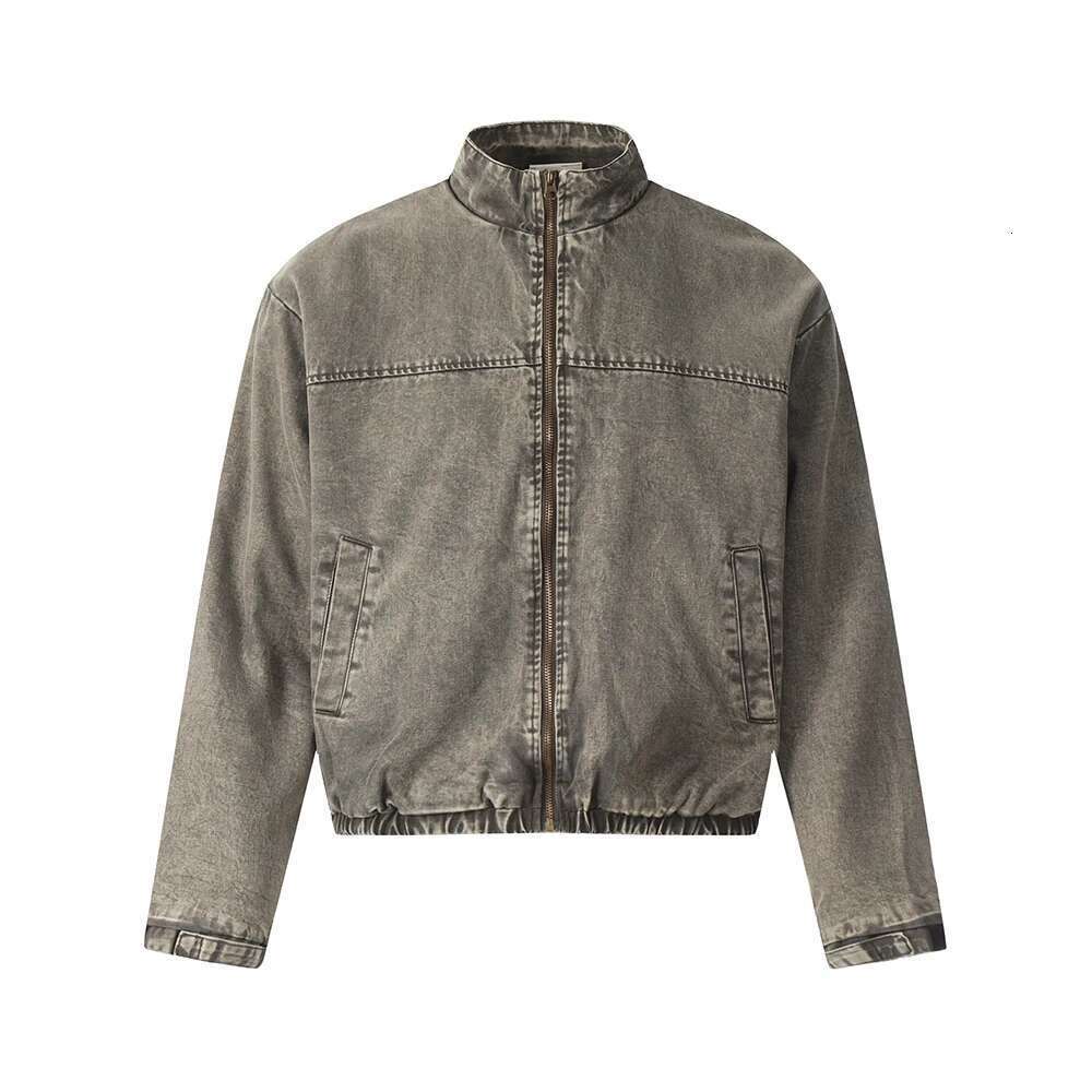Washed Cleanfit Windbreaker Stand Jeans Jacket For Men Solid Vintage Casual Outwear Denim Coat Oversized Clothing