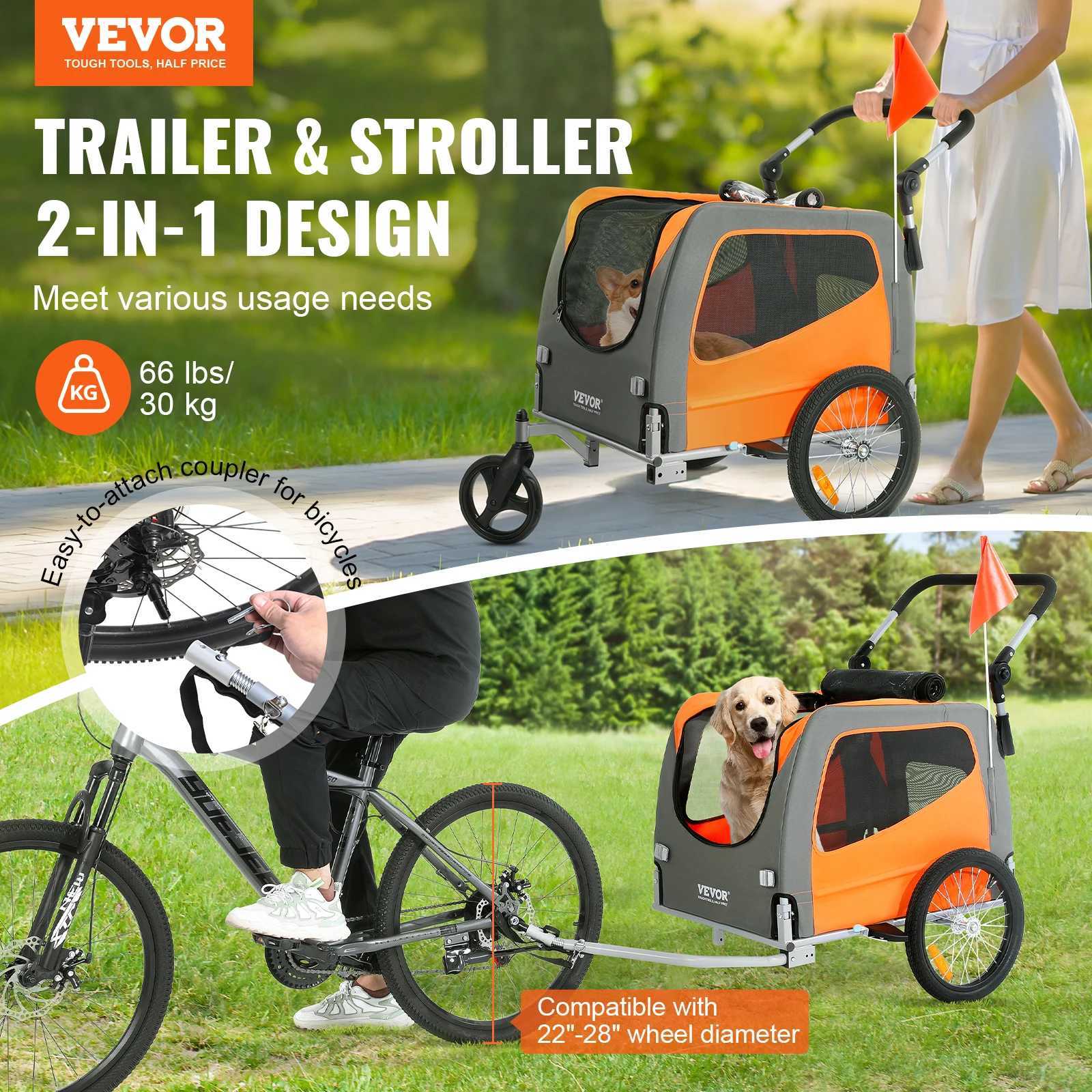 Others Dog Carrier VEVOR 66lbs Dog Bike Trailer 2-in-1 Pet Stroller Folding Cart Frame Bicycle Carrier with Wheels Universal Coupler for Dogs Cats H25