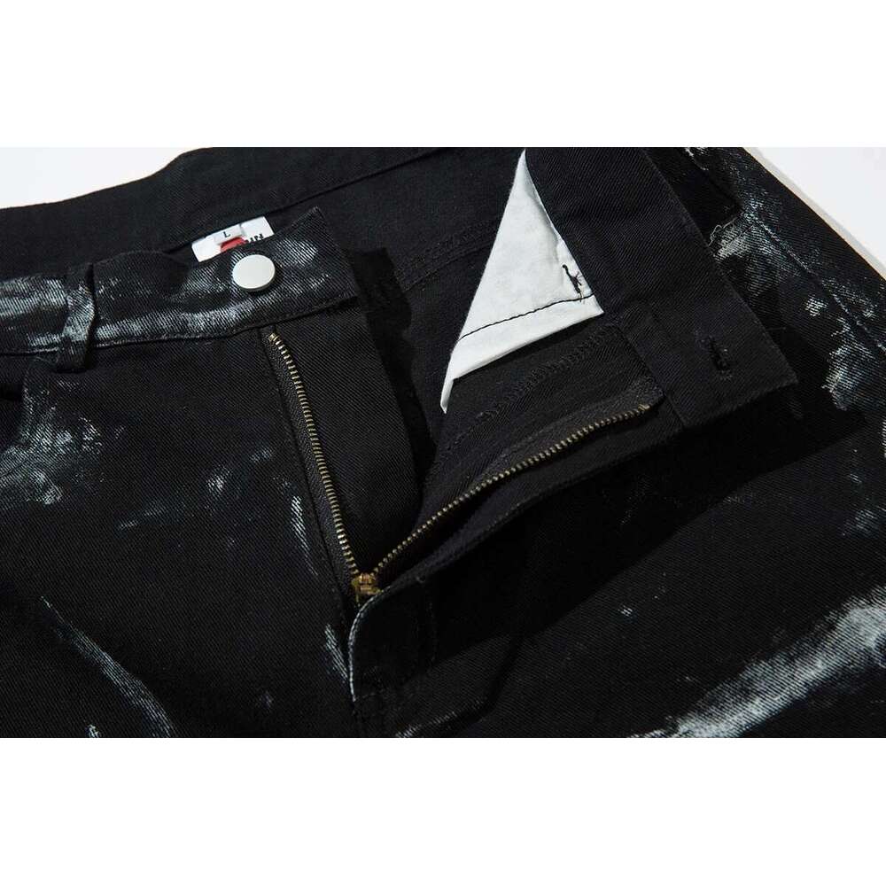 Hand Graffiti Pleated Straight Baggy Black Jeans Pants For Men And Women High Street Ropa Hombre Loose Denim Trousers Oversized