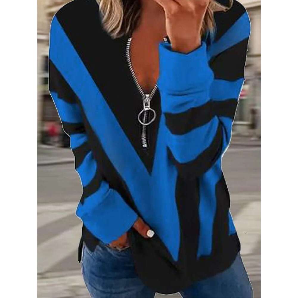 Plus Size 2024 Fall And Winter New Geometric Pattern Zipper V Neck Long-Sleeved Women's Loose Casual T-Shirt