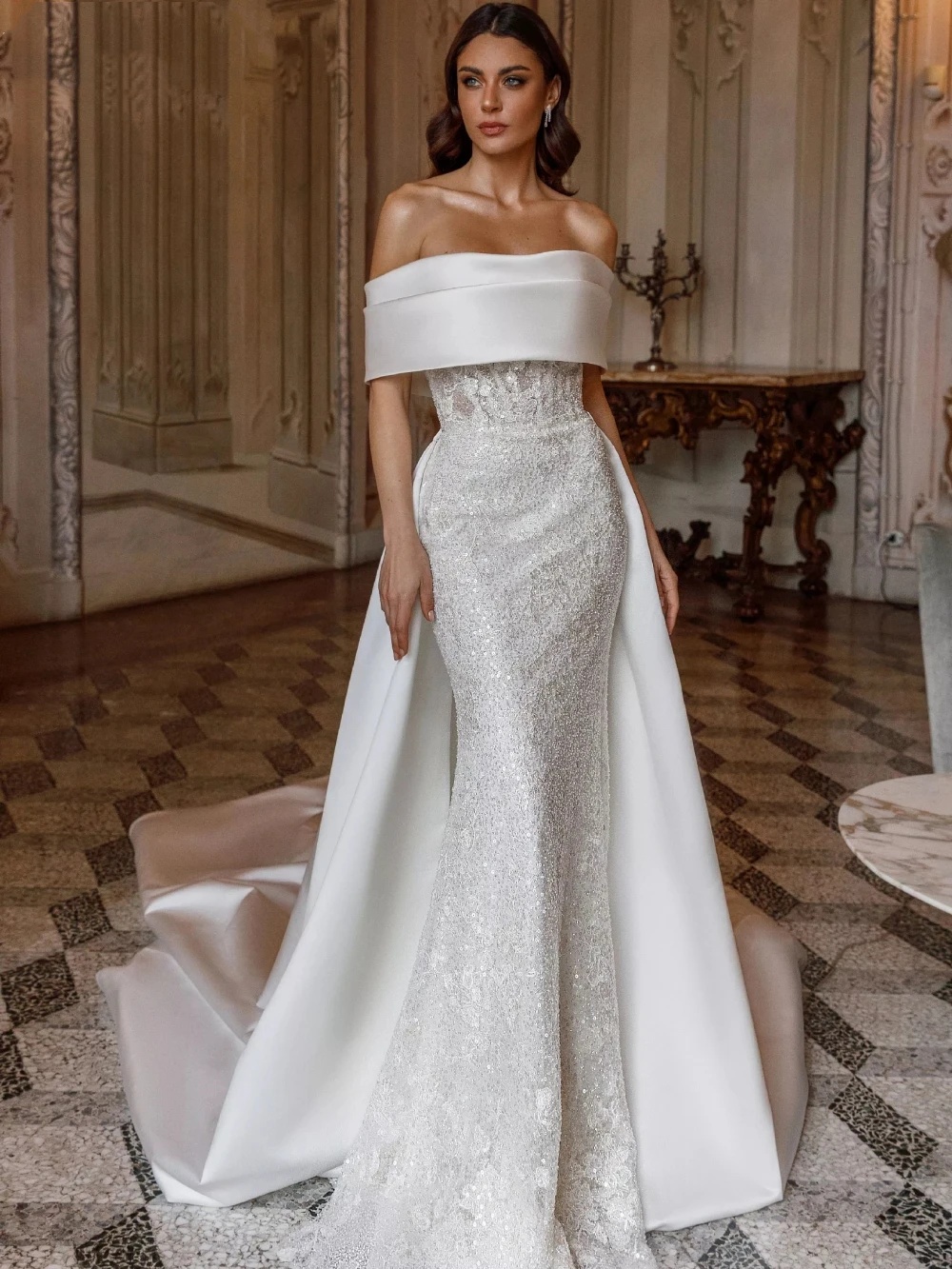 Elegant Mermaid Wedding Dresses For Women Off Shoulder Sleeveless Gown Sequins Detachable Train Customized Dress Party Custom Made vestidos de novia