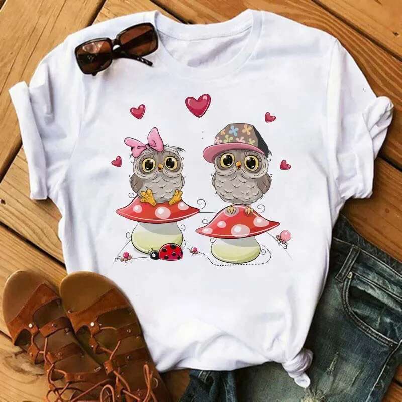 Plus Size Maycaur Cartoon Owl Print T Shirt Women Kawaii Graphic Shirts Casual Short Sleeved Female Tee O-Neck Haruku T-Shirts