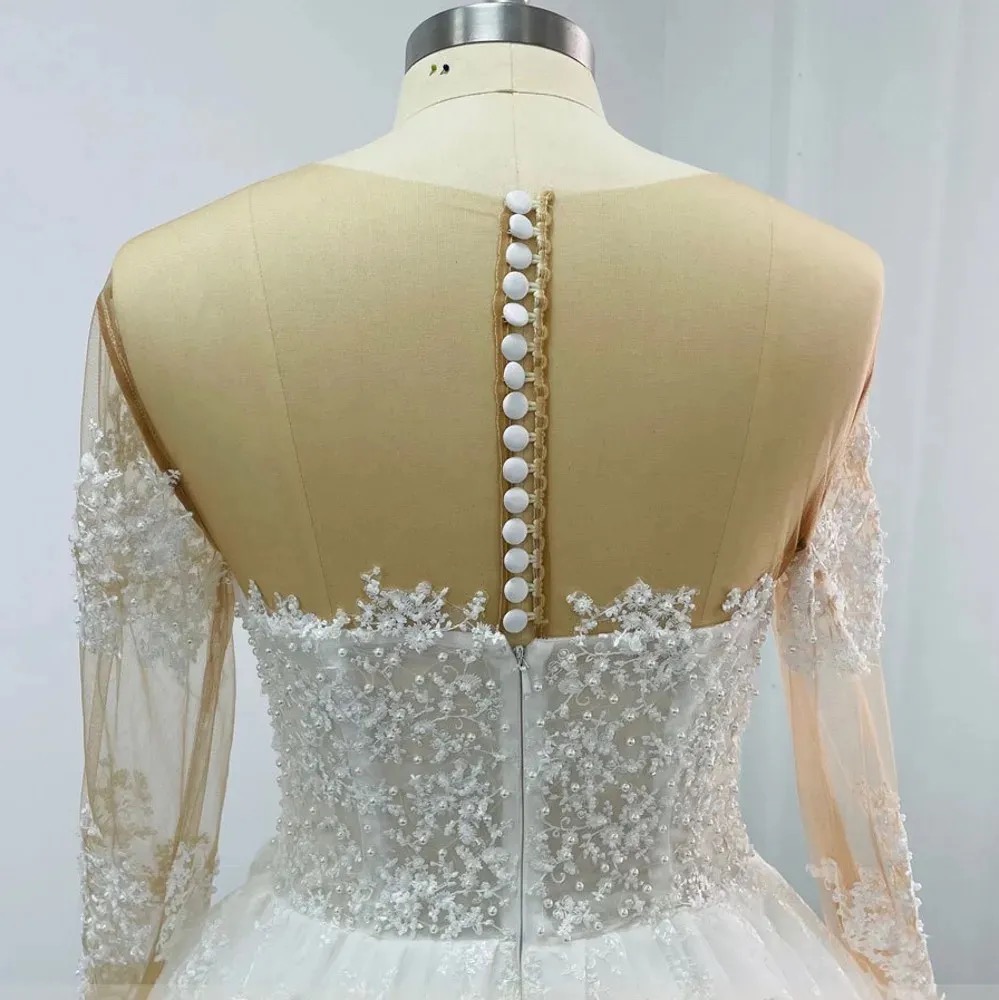 Wedding Dress Illusion Neck Long Sleeves Lace Appliques Pearls Beads Bride Gowns Robe Mariage Vestidos De Novia