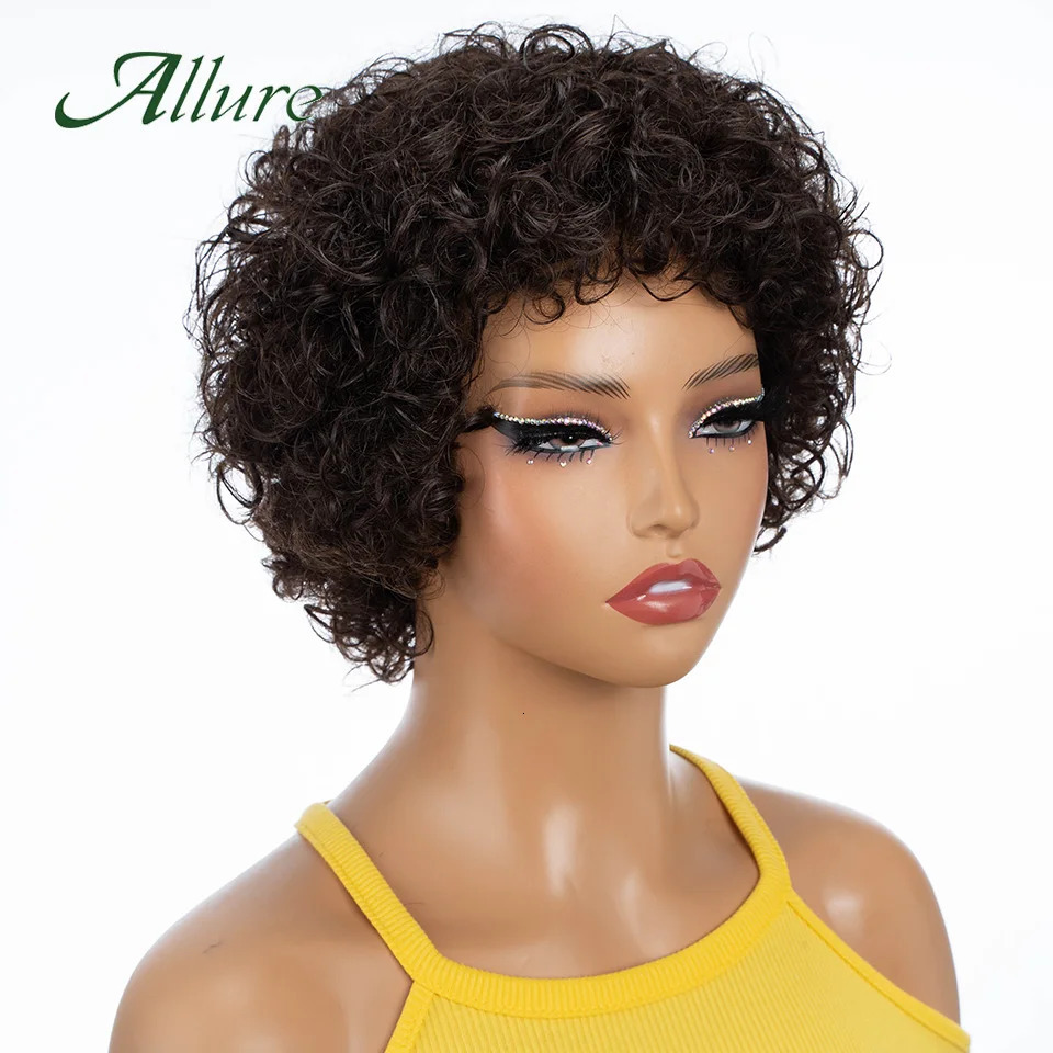 Short Pixie Afro Kinky Curly Wigs for Black Women Glueless Natural Brown Bob Wig With Bangs Brazilian Human Hair Wigs Allure 250210