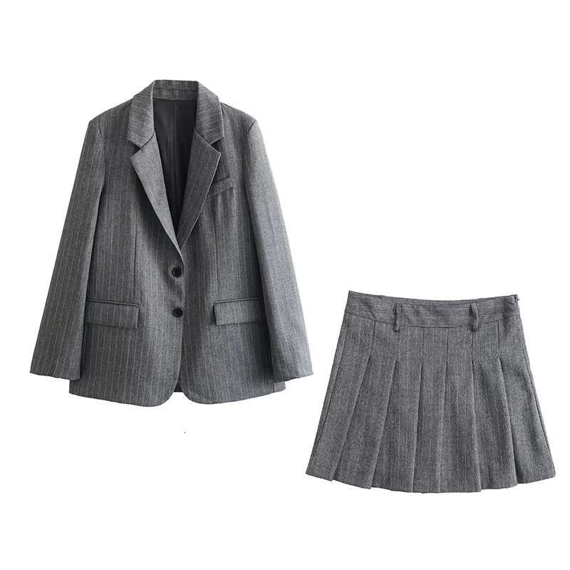 Solid Winter Women's Fashion Casual Loose Coat Mini Temperament Set Pinstripe Blend Suit Skirt Gray Office Lady