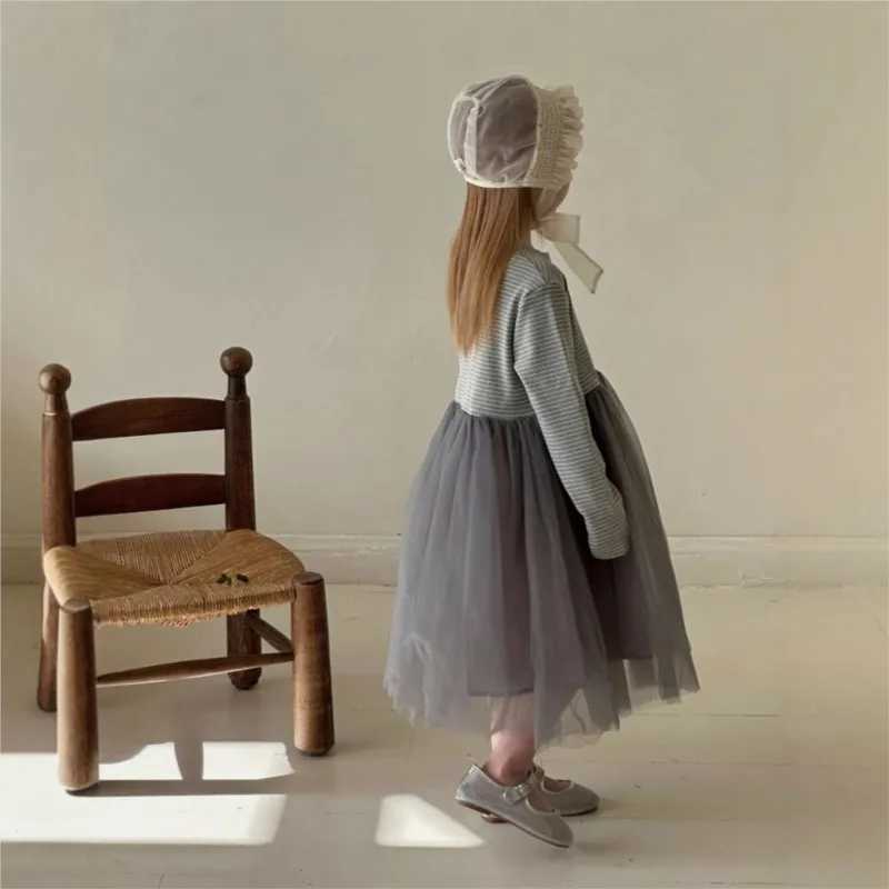 Korean Spring Autumn New Children Girls Princess Dress Mesh Fluffy Dress Kids Girls Dress Striped Spliced Girl Birthday Dress Z250214