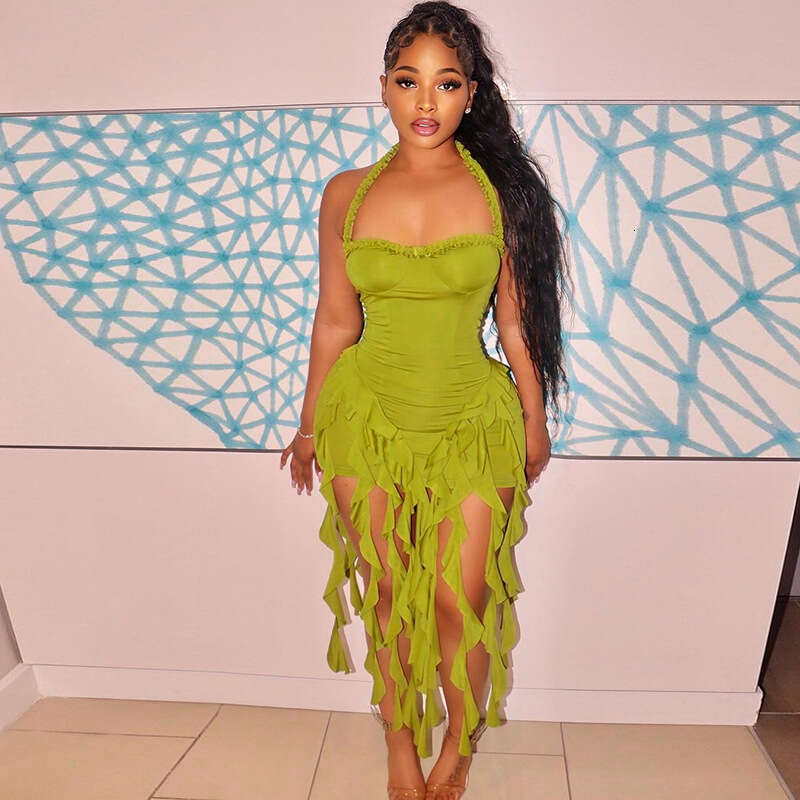 European and American hot selg women's product sexy hanging neck sleeveless exposed backpack irregular dress wholesale 2025 new casual fashion tr