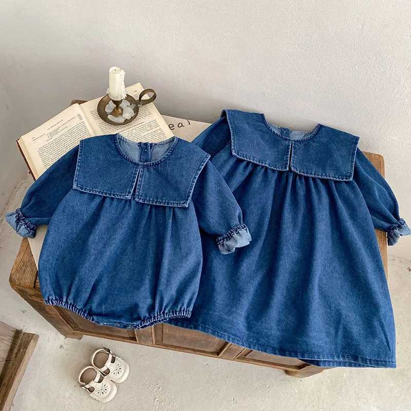 2024 New Autumn Sister Dress 2-6Yrs Girl Par Dress Long Sleeved Solid Color Denim Baby Girl Romper Kids Princess Dresses Z250214