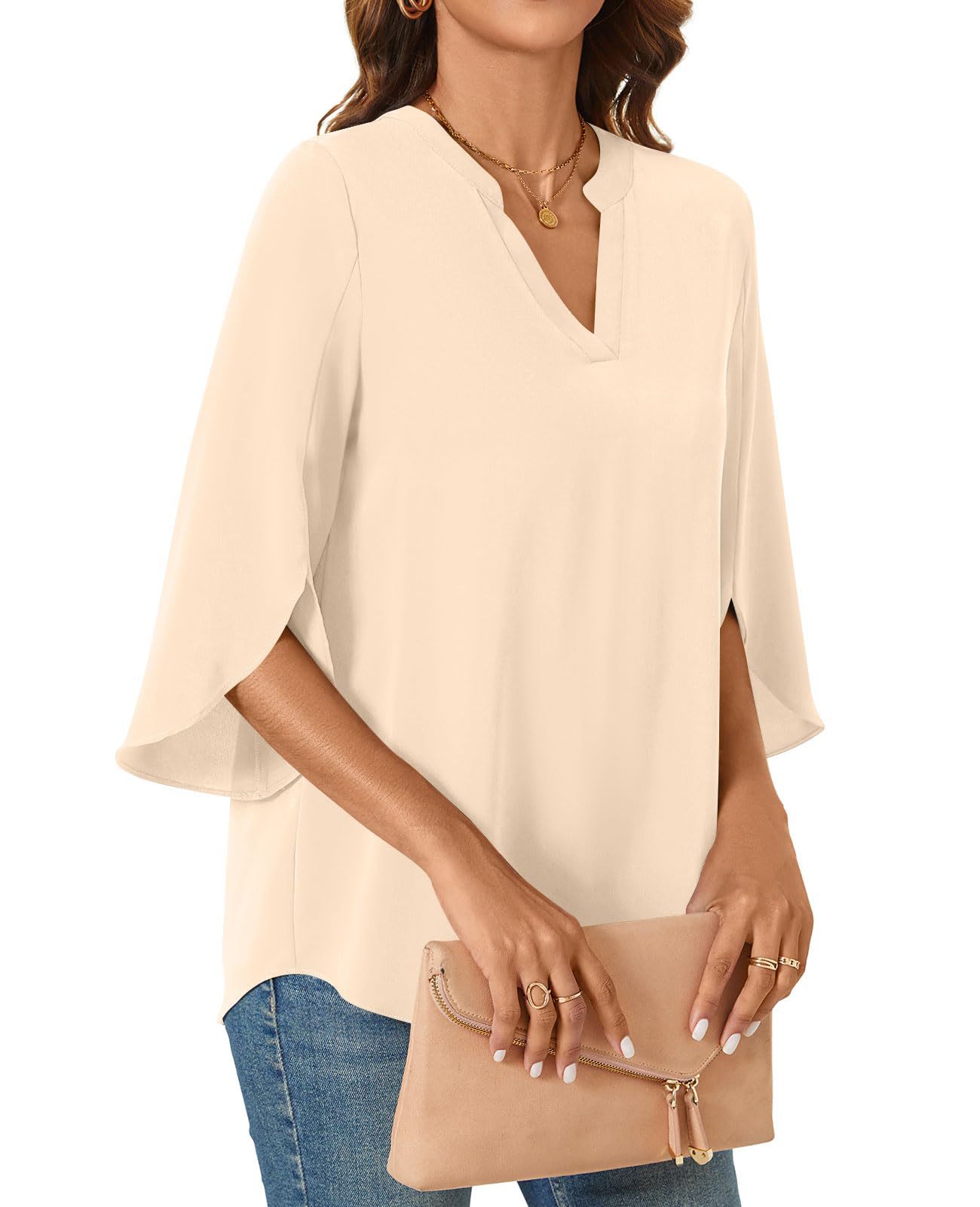 2025 New Women's Chiffon Shirt 3/4 Sleeve Summer Casual Loose V-neck T-shirt