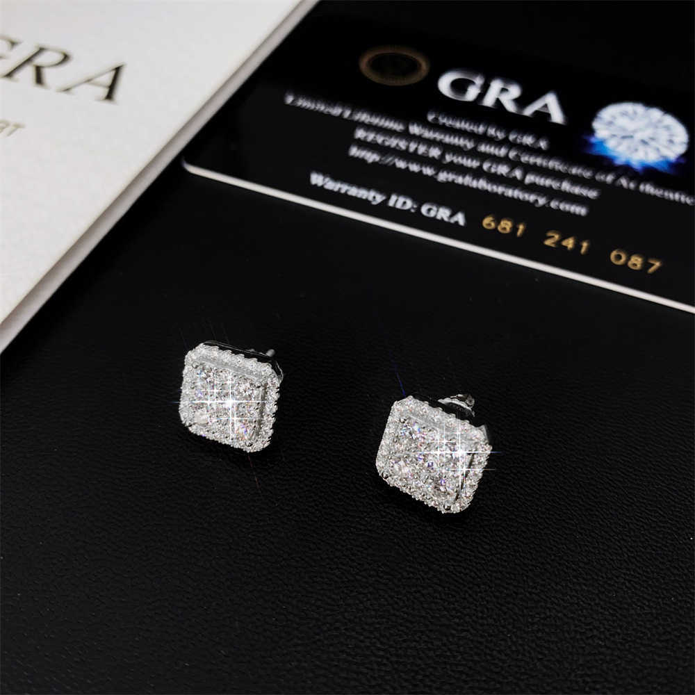 2024 summer new 1.5ct hip-hop vvs fat square 925 silver inlaid 3mm moissanite earrings