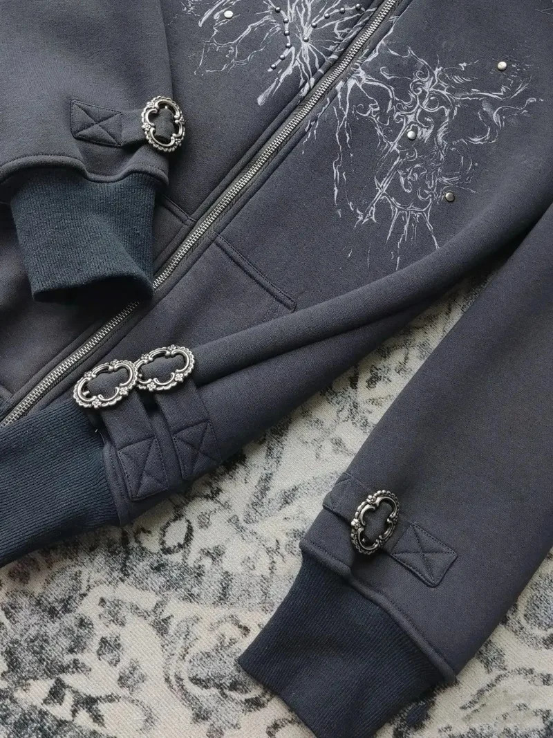 Y2K Gothic Diamond Printed Fur Collar Zip Hoodie Women Retro Millennium Girl Slim Warm Harajuku Korean Street Casual 250213