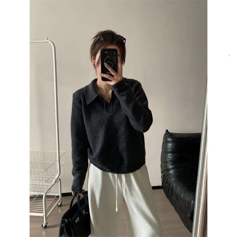 2025 Fall Grey Polo's Pullover Women's Autumn Winter Loose Slimming Long Sleeved Knitted Sweater