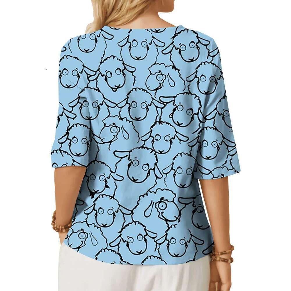 Animals Black Sheep Printed T-Shirts Fashion Brand Round Neck Mid-Sleeve Shirts Button Decoration Women Plus Size Clothing