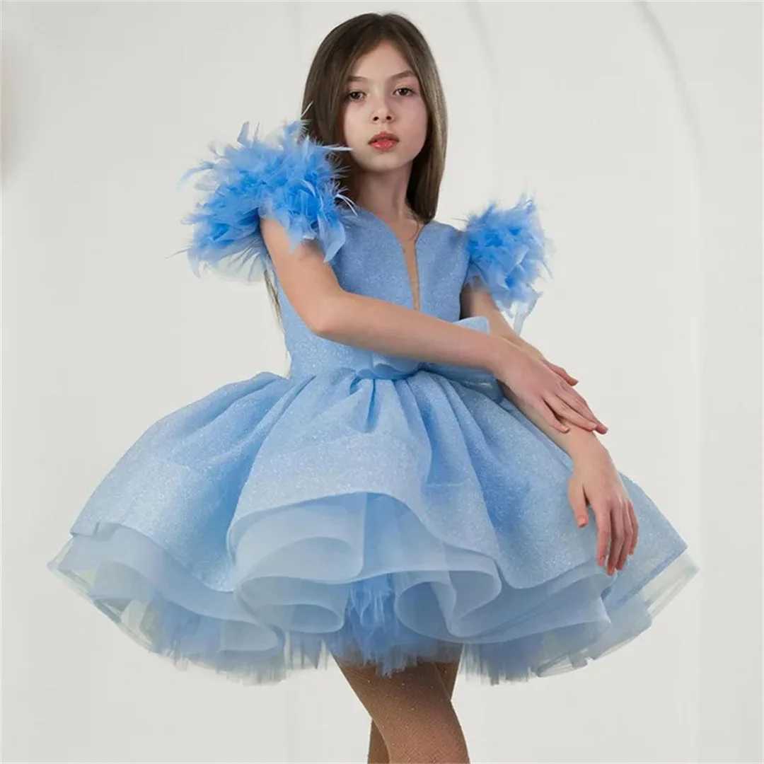 Light Blue Flower Girl Dresses for Wedding Tiered Feather Floor Length Girl Kids Birthday Par First Communion Gowns Customized Z250214