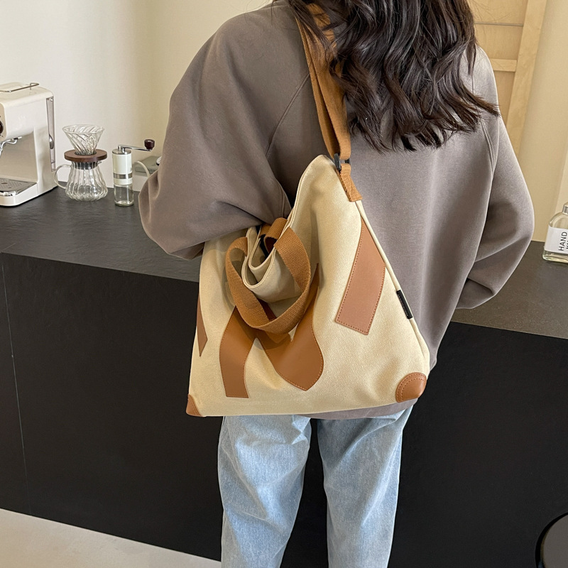 Bag Handheld Canvas Women's New Large Capacity Shoulder Bag, Fashionable Letter Student Class Commuting Bag