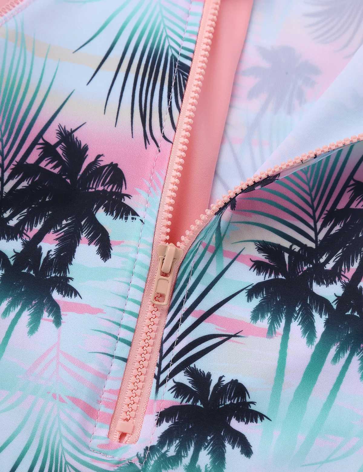 Kids Girls One-piece Swimsuit Long Sleeves Palm Printed Swimwear Bathing Suit Sun Protection Rash Guard Surfing Diving Swim Top Z250214