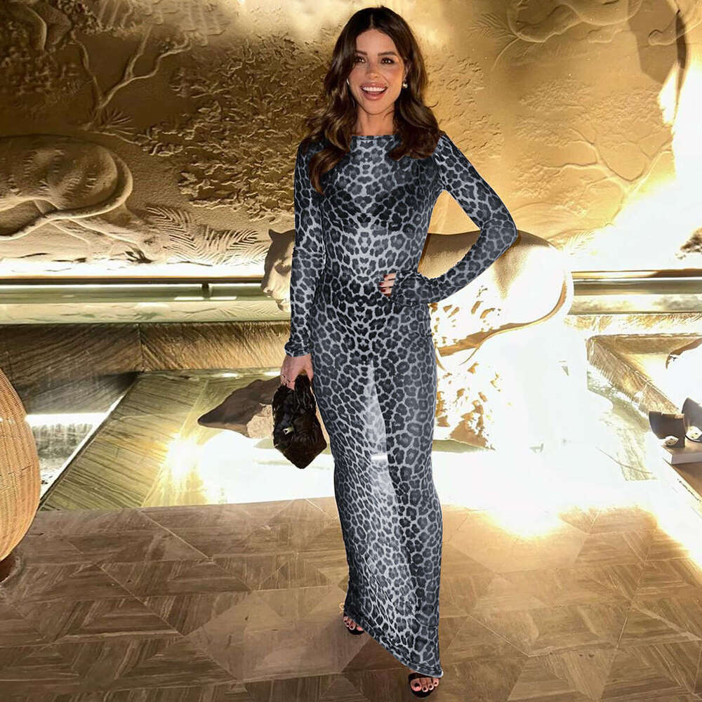 Hot selg women's summer product sexy mesh printing perspective slim fit long sleeved dress wholesale 2025 new casual versatile fashion clothing