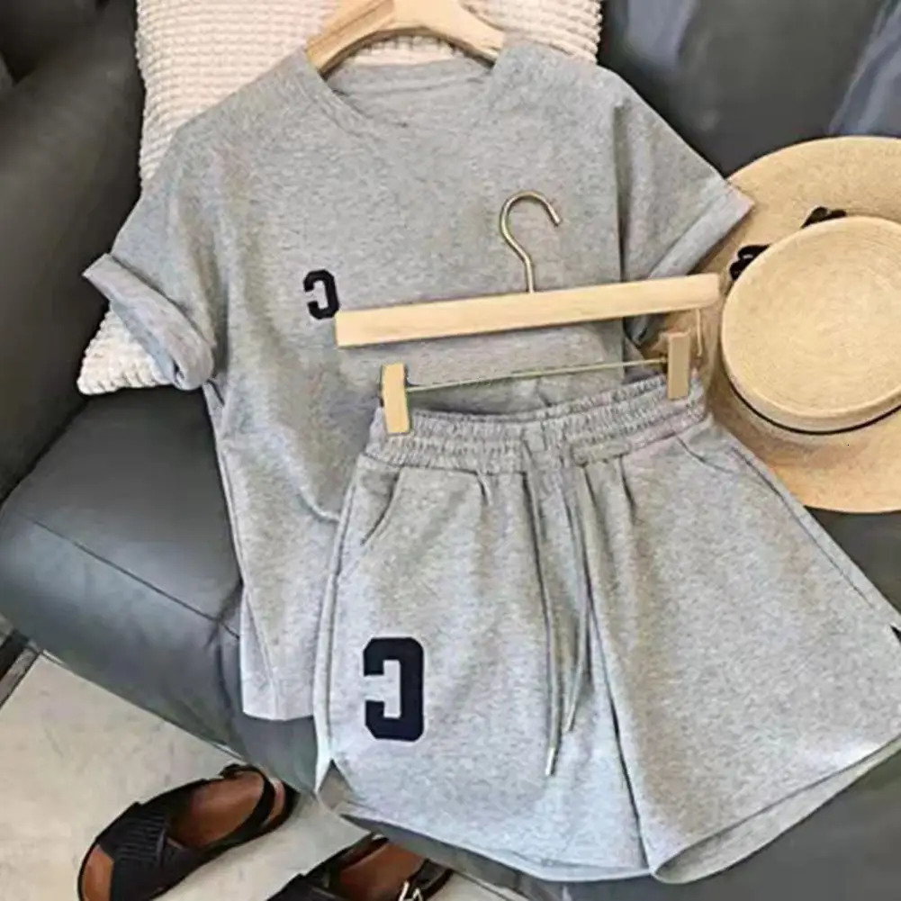 2 Pcs/Set Women Summer Tracksuit Short Sleeves Letter Embroidery Loose Round Neck Pockets Daily Wear Elastic Waist Exercise 250210