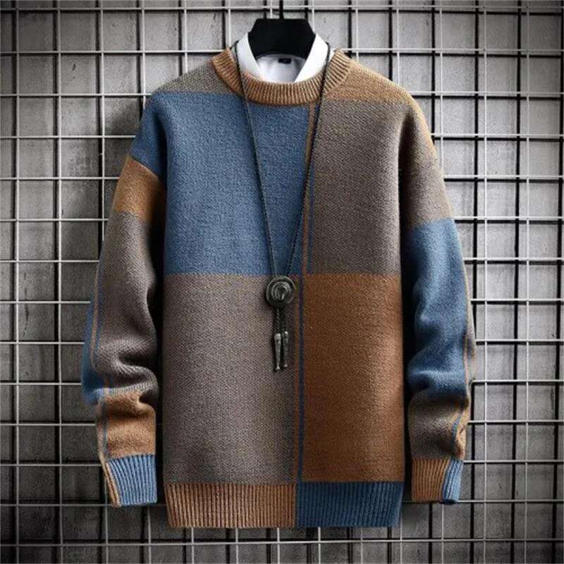 Half Collar Color Blocking Warm Sweater High Quality Men Spring Autumn Slim Leisure Korean Long Sleeve Loose Knit Pullover