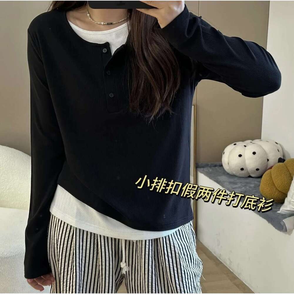 Women's Front Double Layers Henry Shirt Casual Long Sleeve Crew Neck Tunic Basic Fall Tops Black T-Shirts
