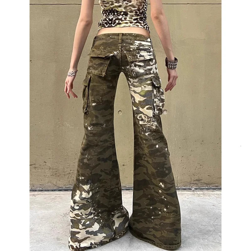 Camouflage Jeans Women Y2K Hip Hop Waisted Jeans Straight Streetwear Casual Loose Large Size Wide Leg Denim Pants 250213