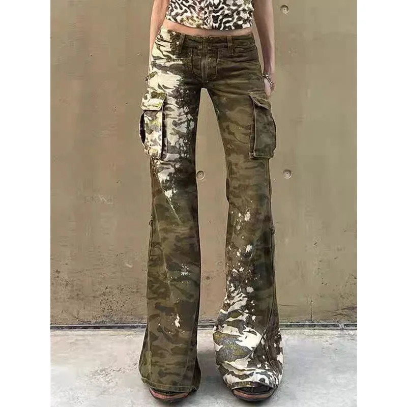 Camouflage Jeans Women Y2K Hip Hop Waisted Jeans Straight Streetwear Casual Loose Large Size Wide Leg Denim Pants 250213