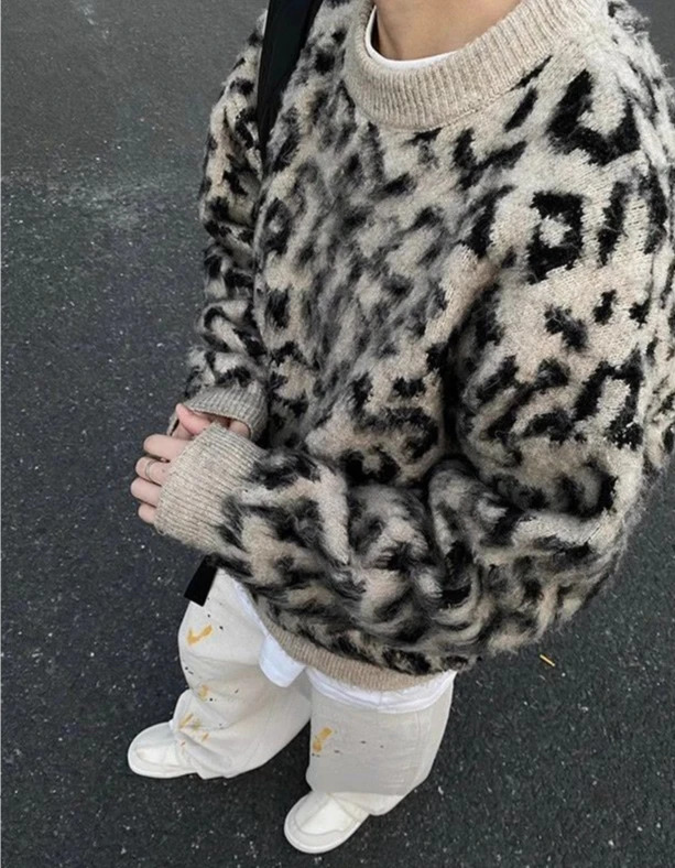 Lazy contrast color leopard print crew neck sweater mens trendy sweater national fashion high street high-end jacket 250211
