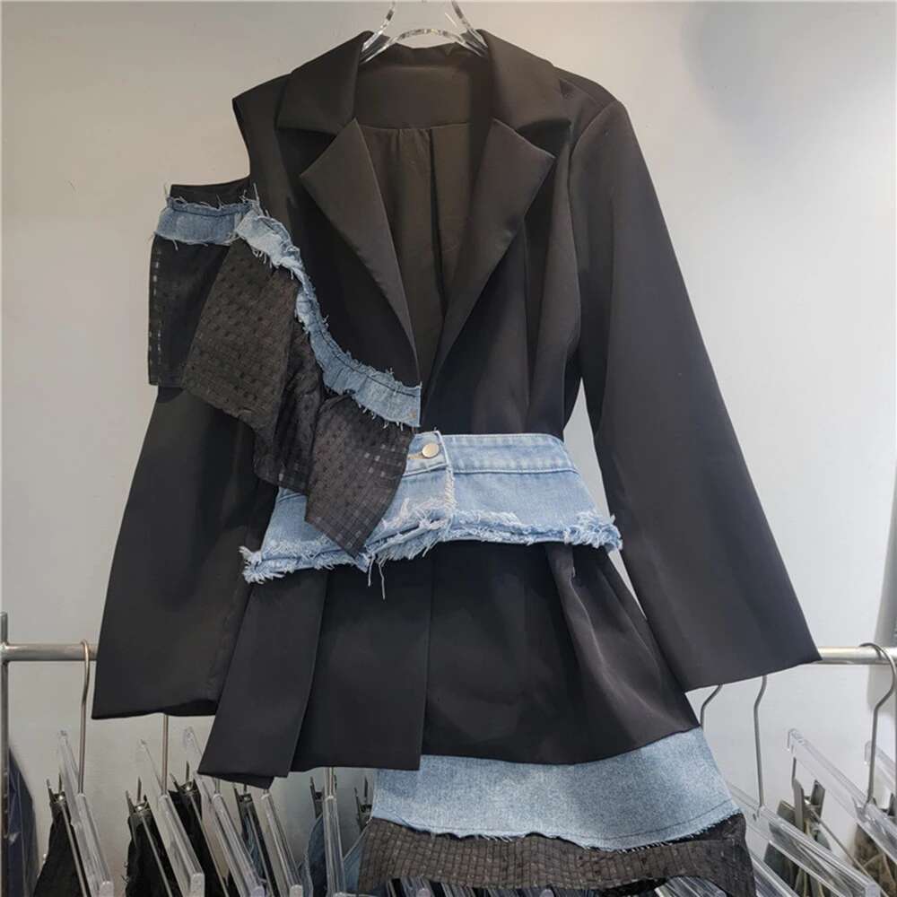 Colorblock Hollow Out Jackets For Women Notched Collar Long Sleeve Patchwork Denim Vintage Jacket Female Clothing