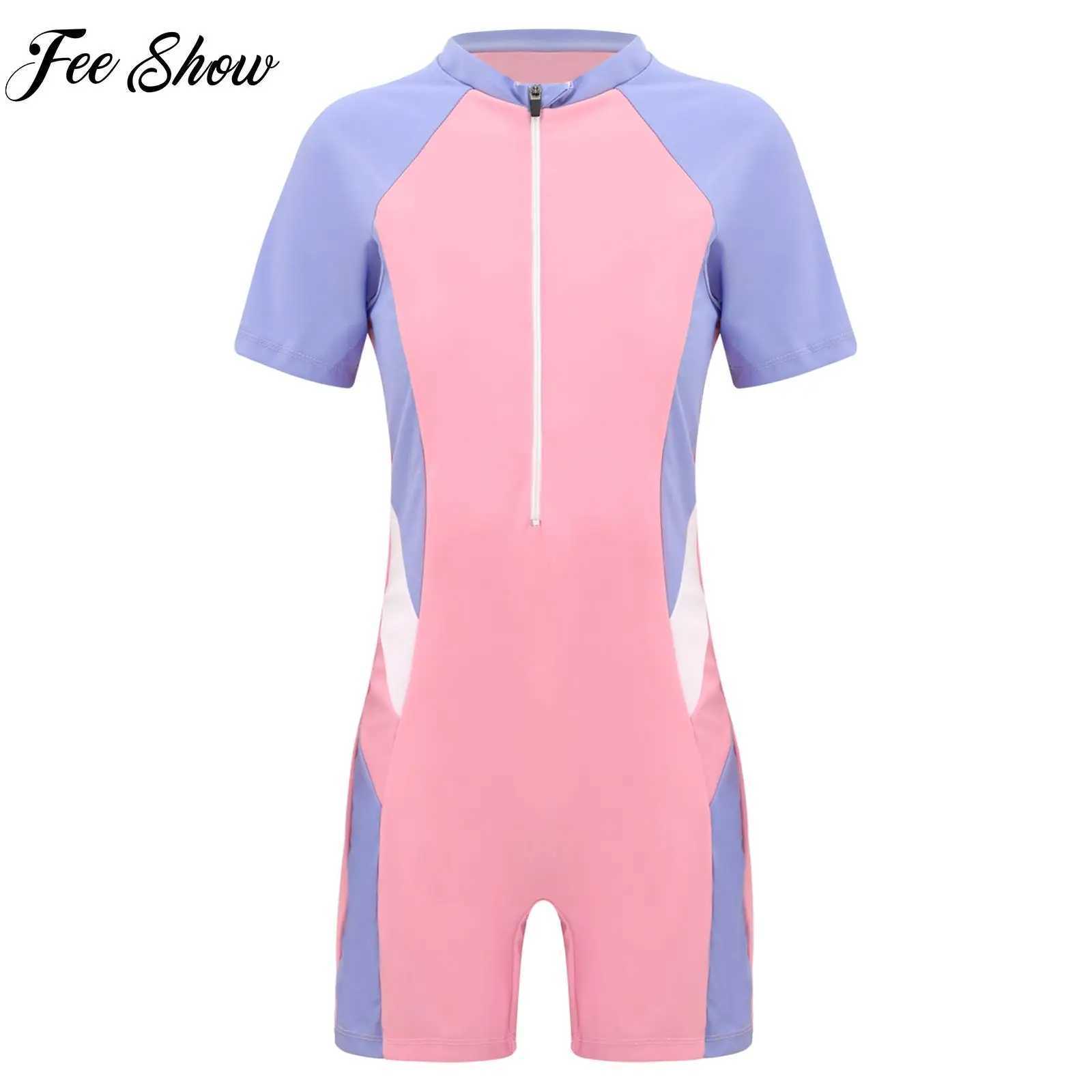 Kids One-piece Swimsuit Short Sleeve Zipper Jumpsuit Surfing Bathing Suit Girls Sport Swimwear Pool Beach Rash Guard Z250214