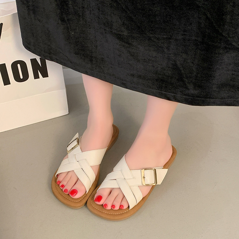 2025 free shipping designer slippers for womens flat slippers black beige khaki Cross strap square toe exposed flat bottom slippers