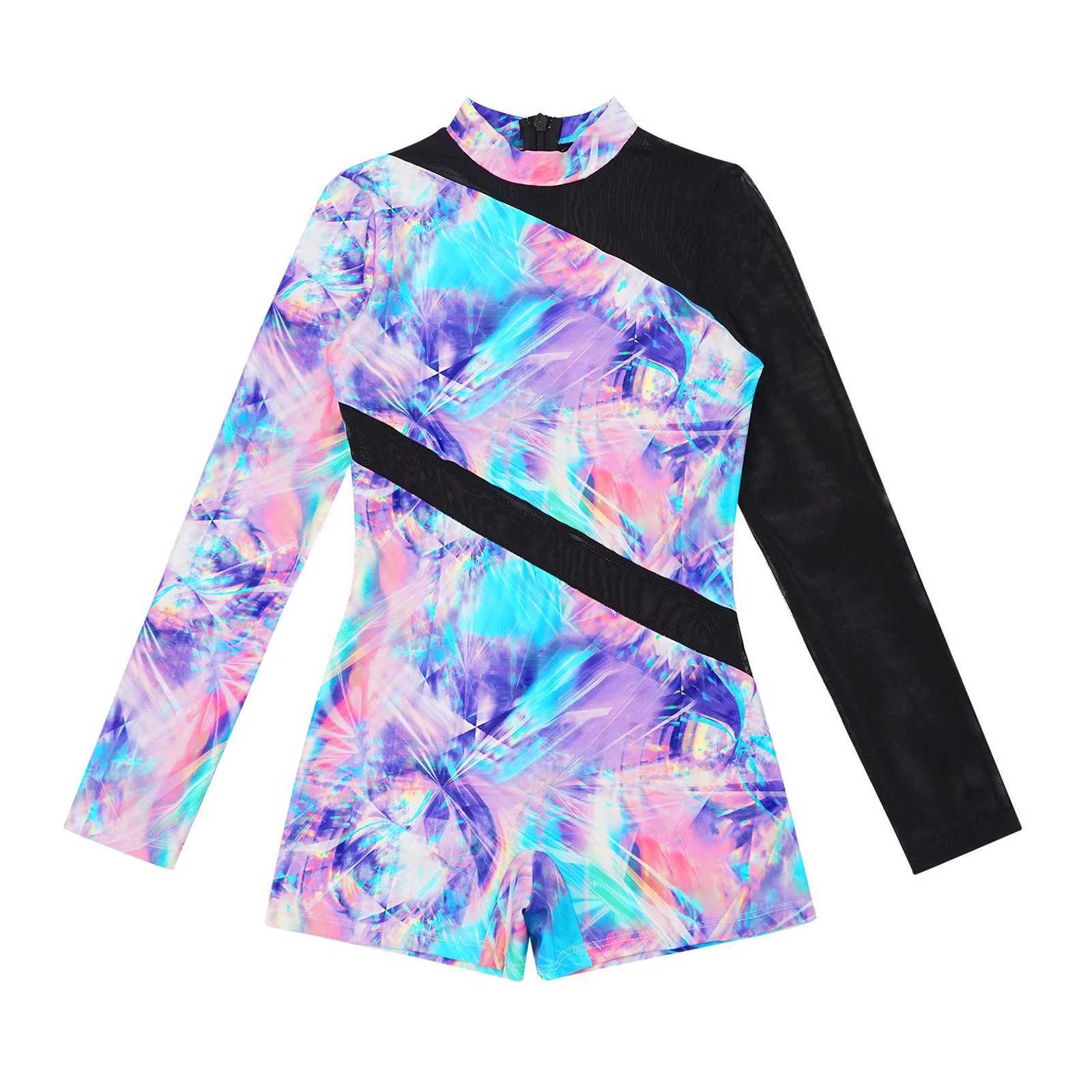 Kids Girls Long Sleeve One-piece Swimsuit Mock Neck Zipper Sheer Mesh Patchwork Dance Gymnastics Bodysuit Swimwear Beachwear Z250214