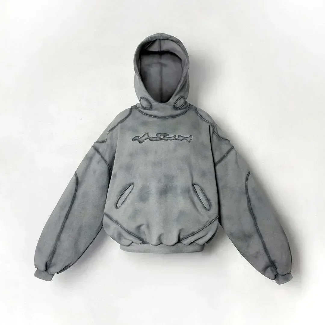 Y2K Winter Gothic Style Washed Old Faded Texture Simple Loose Couple Hoodie Three Dimensional Line Hooded Sweatshirt 250213