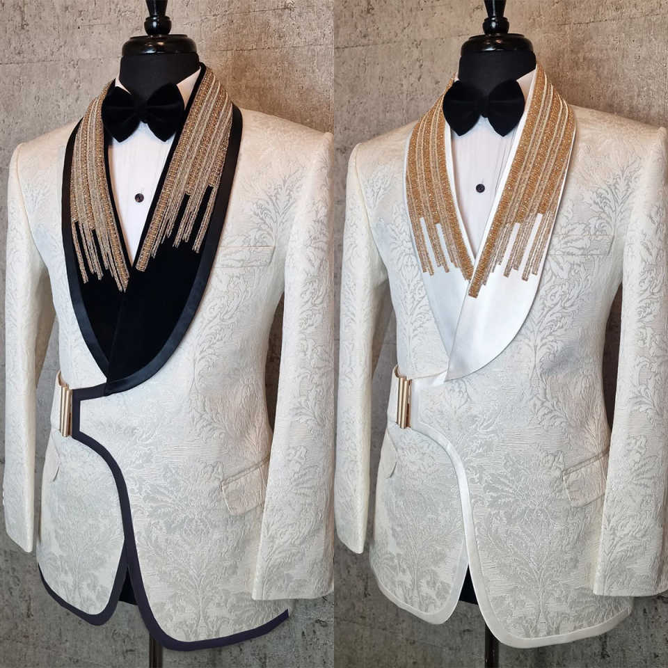 Fashion Wedding Tuxedos With Buckle Beaded Jacquard Men Suits Shawl Lapel 1 Piece Set Jacket Handsome Groom Blazers Customized