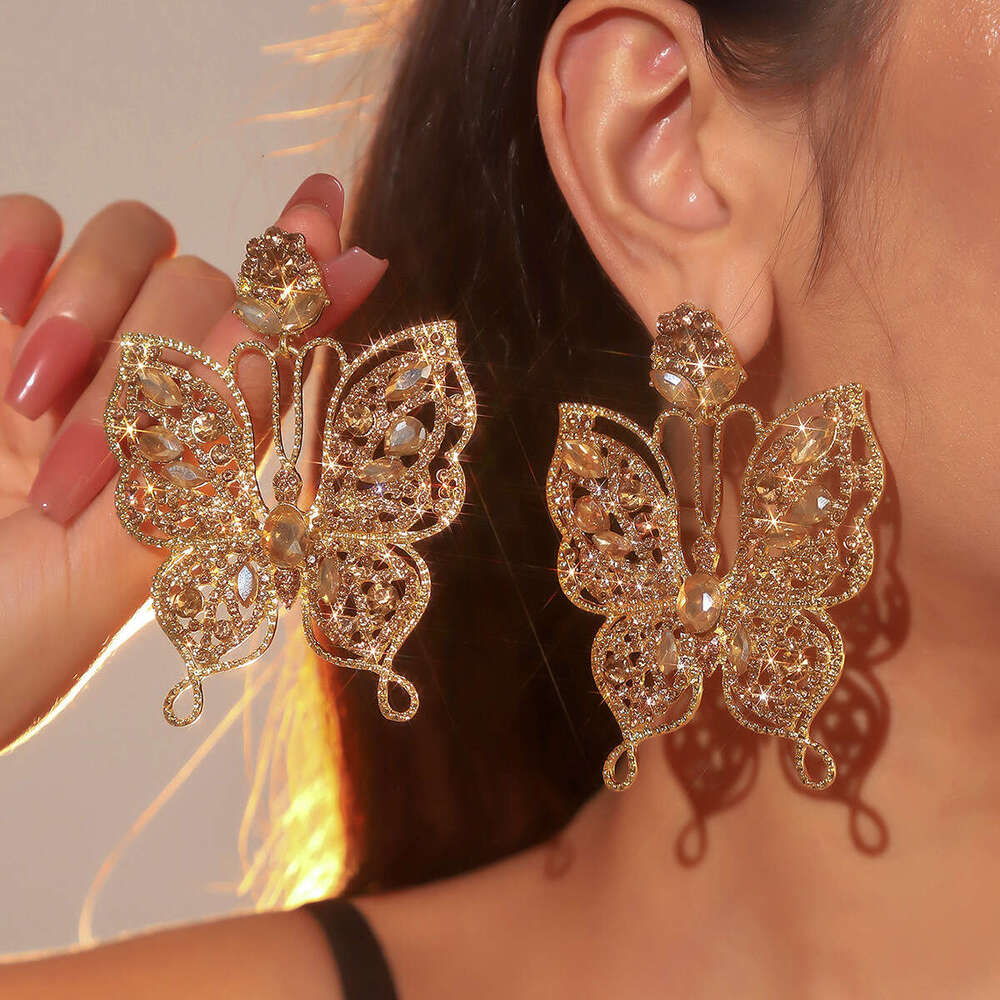 Fashionable Exaggerated Butterfly Earrings with Colored Glass Rhinestones for Women