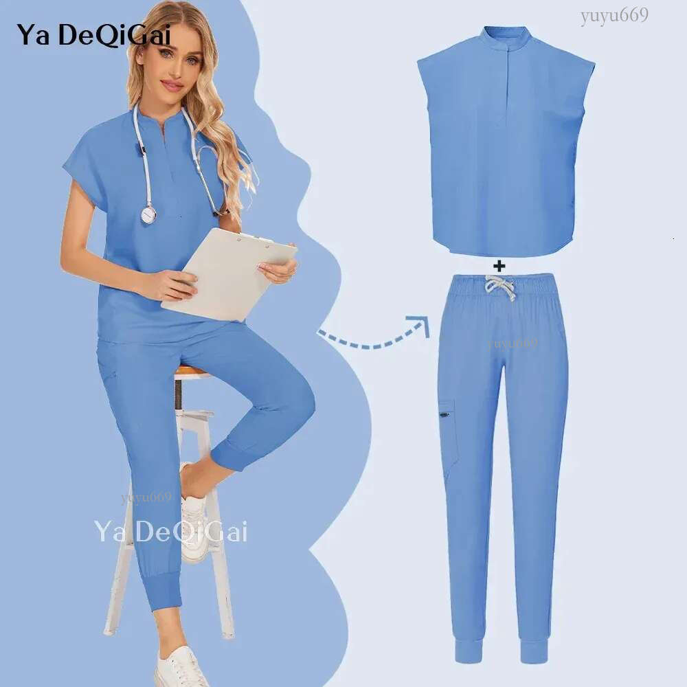 Blue Hospital Uniform Soft Elastic Fabric Clinic Workwear Operating RoomTop Pants Clothes Scrub Set Jogger Suit 240604
